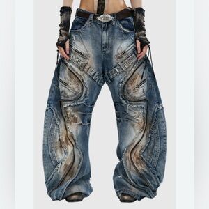 PERSONALSOUL CURVED BLADE PLEADED JEANS DISTRESSED WASH BAGGY FIT JEANS SMALL